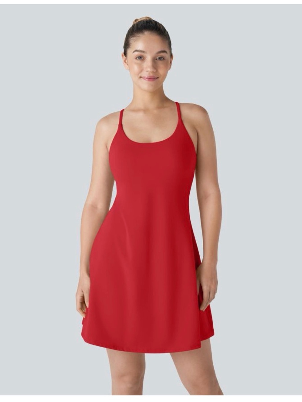 HALARA Red Mini Slip Dress with Thin Straps. Built in shorts